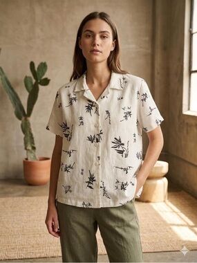 Vintage Clio 100%linen Cream Button-Down Shirt with Black Botanical Print